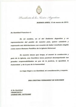 La Presidente hizo llegar sus respetos al Papa argentino, Francisco I