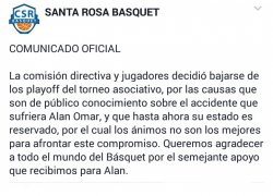 Tras el accidente de Alan Omar, Santa Rosa Básquet se bajó del Asociativo de Mayores