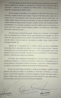 Solicitada de Proyecto Corrientes por la creación de la 6° Circunscripción Judicial en Saladas