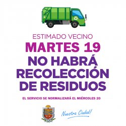 El martes 19 no  habrá recolección de residuos