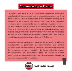 UCR Corrientes se une a la Marcha Federal Universitaria en apoyo a la UNNE