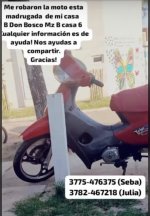 Los robos no paran en Saladas: sustraen una motocicleta de una vivienda en barrio Don Bosco