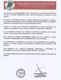 Bomberos voluntarios de Corrientes advierten por demoras en fondos y reclaman respuestas urgentes